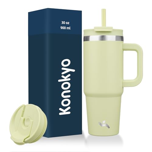 Konokyo 30 oz Tumbler with Handle and 2 Straws,2 in 1 Lid Insulated Water Bottle Stainless Steel Travel Coffee Mug,Macaron Green by Konokyo - Used condition - US$18.04