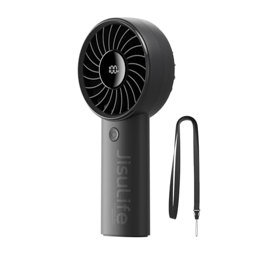 Image of JISULIFE Handheld Fan Life4 with Powerful Motor,LED Display,5000mAh Battery,5 Wind Speeds,Lanyard; USB Rechargeable Hand held Fan; Summer Essentials Portable Fan for Travel,Beach,Makeup,Concerts-Black