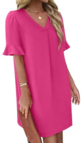 Image of OFEEFAN Summer Dresses for Women Ruffle Short Sleeve V Neck Casual Shift Dress with Pockets