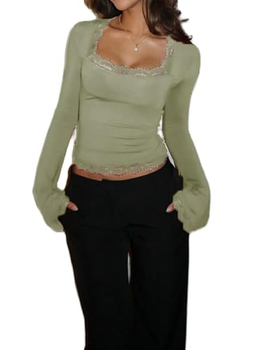Image of Women's Lace Trim Square Neck T Shirt Y2K Long Flare Cuff Sleeve Basic Tops Elegant Slim Fit Blouse Aesthetic Tee Shirts (Light Green, M)