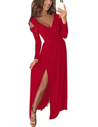 JENJON Femme Robe à Epaules Dénudées Col V Elegant Manches Longues Casual Robes Solide de Soirée Cocktail A-Rouge L Cover