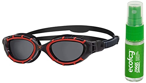 Zoggs Predator Flex Goggle, UV Protection Swim Goggles,Red/Black/Smoke Polarized, regular and Ecofog Lens Cleaner & Anti-fog Spray for Swimming Goggle