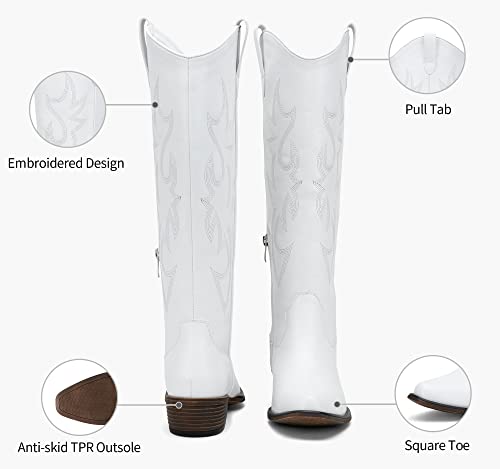 Jeossy Women's 9809 Embroided Cowboy Boots,Square Toe Knee High Western Boots,White,Size 7M Us-With Side Zipper(Djy9809 White 07) #TOP5