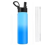 Edelstahl Trinkflasche mit Strohhalm 700ml/ 940ml Isolierte Wasserflasche Auslaufsichere Fahrrad Trinkflasche BPA-frei Sport Trinkflaschen für Outdoor Camping Wandern Fitness (700ml, Blau)