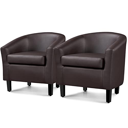 Topeakmart Leather Accent Chair, Modern And Comfy Faux Leather Barrel Chair, Upholstered Club Chair With Wooden Legs For Living Room Bedroom, Set Of 2, Espresso #TOP13