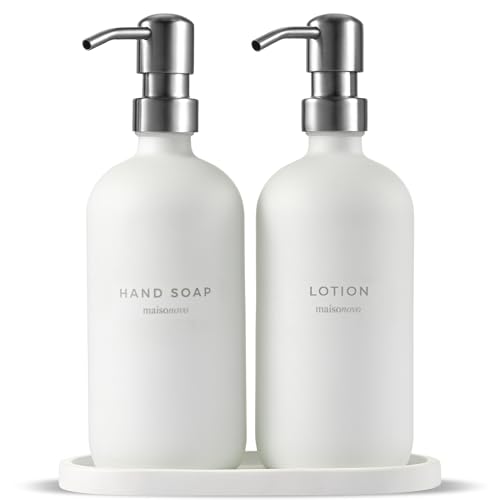 MaisoNovo Soap Dispenser 3-Piece Set | 16.9oz White Bottles with Silver Stainless Steel Pumps