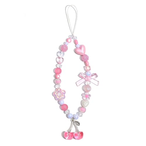 Ouligay Beaded Phone Chain Pink Phone Charm Strap Cherry Camera Strap Wrist