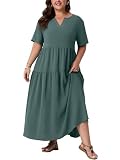 OLRIK Plus Size Midi Dresses for Curvy Women 2026 Summer Lightweight Loose Fit A-Line Flowy Long Dress Casual Daily Wear Gray Blue-2X