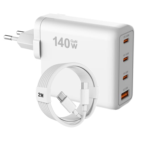 Chargeur Rapide USB-C PD 140W, 4 Ports (USB-C + USB-A) avec Technologie Quick Charge, Charge Rapide pour MacBook, iPhone, Samsung, Tablettes et Autres Appareils (Compatible PPS/PD 3.0)