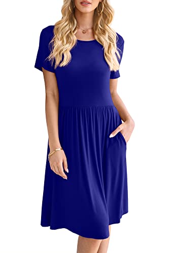 Image of DB MOON Women Summer Casual Short Sleeve Dresses Empire Waist Dress with Pockets