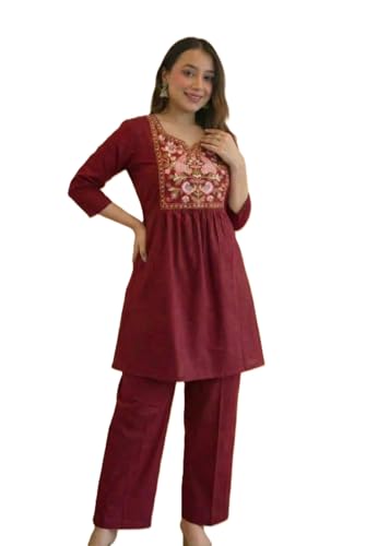Image of Women's Rayon Embroidered Kurti with Pant Set | Floral Yoke Design | 3 /4 Sleeve Ethnic Co-Ord Set | Regular Fit Traditional Outfit