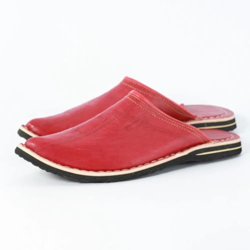 Babouche traditionnelle bout pointu en cuir naturel rouge de taille 43