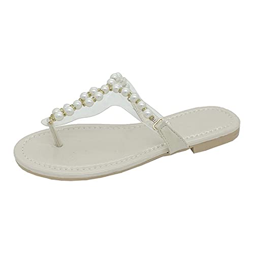 Tongs Femmes Tongs en Cuir Confortable Sandales À Talons Bas avec Bijoux Summer Casual Plage Chaussures Lightweight Etanche Convient À Toutes Les Occasions,Blanc,35 Cover