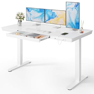 Marsail Glass Standing Desk, 55 x 28 Inch Electric Standing Desk,White