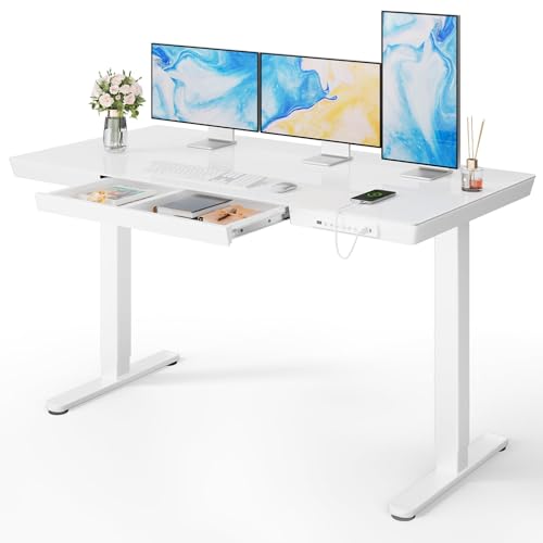 Image of Marsail Glass Standing Desk, 55 x 28 Inch Electric Standing Desk,White