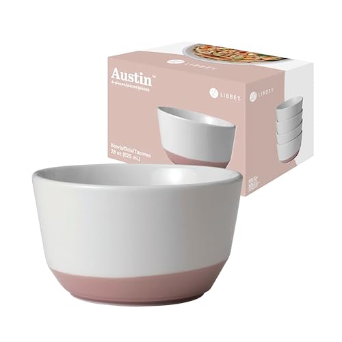 Libbey Austin Himalayan Pink Porcelain Salad Soup Bowls, Modern Style Large Soup Bowls Set of 4, Stackable Ceramic Bowls Set for Holidays, Daily Use