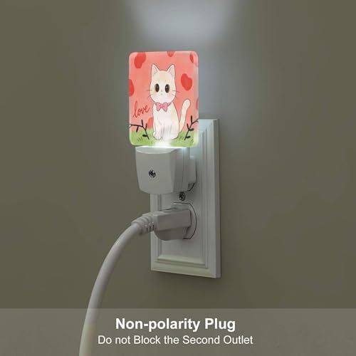 Image of Love Heart Cute Cat Kitten LED Plug-in Night 2 Lamp, Auto Sensor Nightlights Adults for Bedroom Bathroom Set of 2