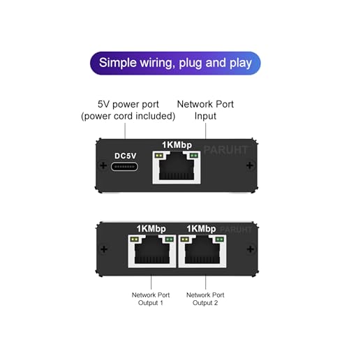 Image of Ethernet Splitter 1 to 2 Gigabit 1000Mbps - RJ45 LAN Network Adapter Hub with USB-C Power, Cat8 /Cat7 /Cat6 /Cat5e Compatible - Plug & Play Internet Cable Splitter for 2 Devices, Black ETHSP-1B2