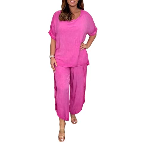 Womens Cotton Linen 2 Piece Sets Short Sleeve Loose High Low T Shirt Wide Leg Capri Pants Suit