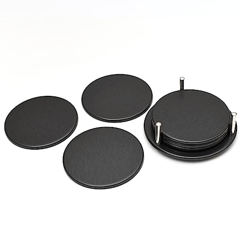 Ferro Hyde Coaster Stylish|Round Shape | Mild Steel | Mat Glossy |Coaster Set 6 and 1 Coaster Holder Fit for Tea Cups, Coffee Mugs and Glass (Black)