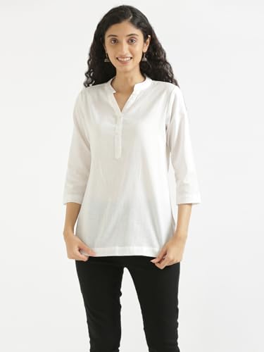 Image of SAADAA Women Short Kurti Airy Linen Regular Fit Kurta with 3 /4th Sleeves, Mandarin Collar, Side Slit Perfect for Casual, Formal, and Ethnic Wear