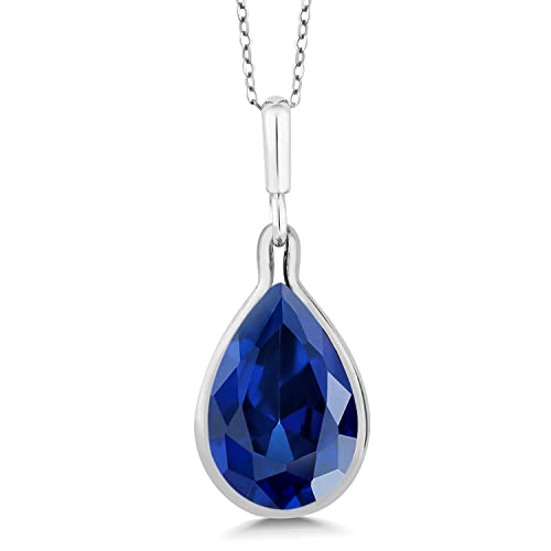 Gem Stone King 10.20 Cttw Blue Created Sapphire Teardrop Pendant Necklace For Women | 925 Sterling Silver | Pear Shape 16X12MM | With 18 Inch Chain