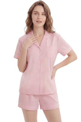 Image of LUBOT 100% Cotton Pajamas for Women 2 Piece PJ Set Button-Down Soft Knit Short Sleeve Summer Sleepwear Loungewear XS-XXL