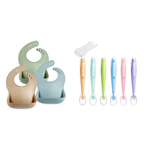 PandaEar Set of 3 Cute Silicone Baby Bibs & Baby Silicone Soft Spoons