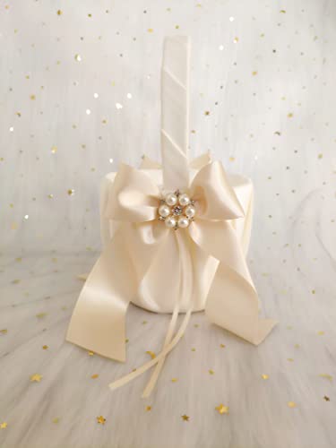 Uwedding Flower Girl Basket Lace Cover with Beige Ribbon Bow Rhinestone Brooch Décor for Wedding Ceremony Vow Renewal Baby Shower Party Favor-Basket