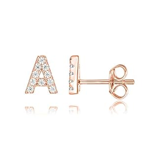 PAVOI 14K Rose Gold Plated Sterling Silver CZ Alphabet Letter Earrings | Initial Earrings for Girls | Letter A