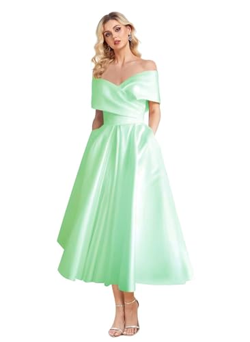 Image of Women's Off Shoulder Wedding Dress for Bride Tea Length A Line Satin Formal Prom Dresses with Pockets