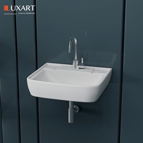 Image of LUXART Wall Mount Ceramic Wash Basin - Wall Hung Designer Vessel Sink - Bathroom Washbasin over counter For Hotel Home Living Room - Glossy Finish (15.5x13.5 Inch, White)