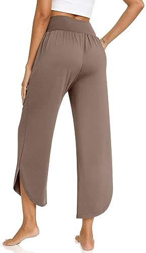 Image of TARSE Women's Wide Leg Yoga Pants Cross High Waist Flowy Split with Pockets | Comfy Lightweight Stretch, Flare Hem Cropped, Loose Dance Pants, Travel & Lounge, Everyday Casual Wear