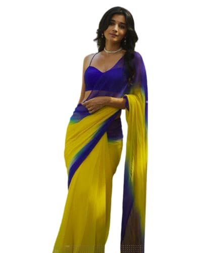 BE4ME.COM Alia Bhatt Wear Saree - Rocky and Rani Movie Inspired Bollywood Chiffon Sari for Partywear (Insta Blue Yellow)