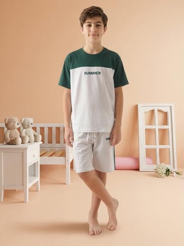 Image of Li'l Tomatoes Boys 100% Cotton Night Suit Set | Half Sleeve T-Shirt & Shorts | Color Block & Typography Print | Soft & Breathable Sleepwear | Casual Summer Wear | 9-16 Years