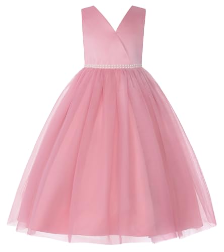 JerrisApparel Girls' Tulle Flower Girl Dress Sleeveless Princess Party Gown for Kids with Pearl Waist Large Bow2