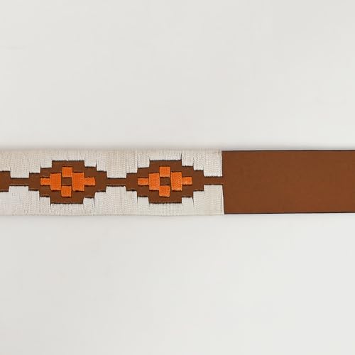 Western Brown Full Grain Genuine Leather Men & Women Belt Embroidered White & Orange with Removable Buckle3