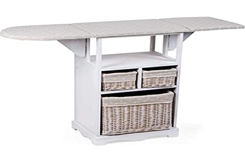 Montemaggi Meuble à Repasser Style Shabby Chic Reapiable , avec Planche à Repasser, avec trois paniers en osie, Blanc, 66x37x87 cm