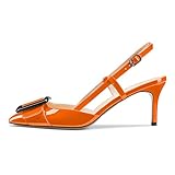 Castamere Women Stiletto Mid Heel Pointed Toe Slip-on Pumps Court Shoe Slingback Bow-Knot Dress Wedding Party Sandals 6.5 CM Heels Orange Patent 6 UK