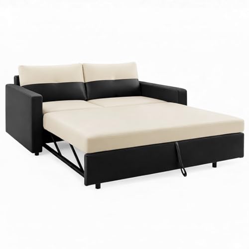 Image of SOCOZI Enrique 2 Seater Sofa Cum Bed | Premium Leatherette Upholstery | Modern Convertible Design | Comfortable Seating & Sleeping Solution for Living Room (Black-Cream)