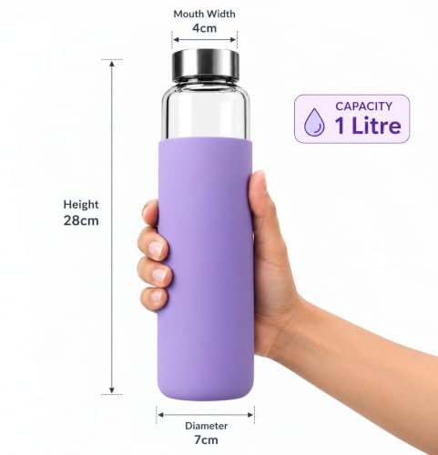Image of Borosilicate glass water bottle with protective silicone sleeve, 1 Litre Glass bottle with sleeve, Steel Cap, BPA Free For home and office. (Lavender)