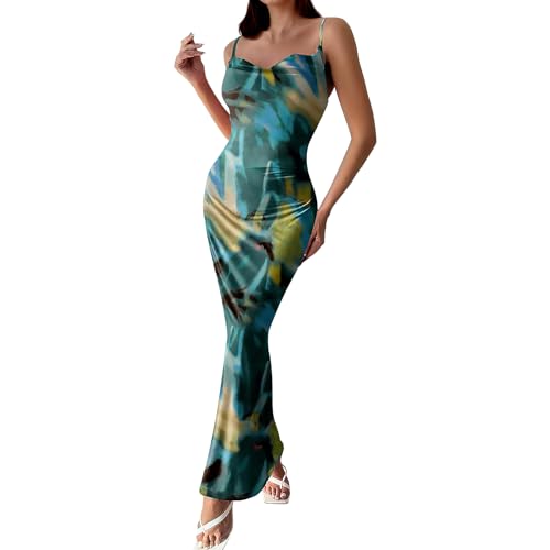 Image of Women's Spaghetti Strap Maxi Dress Floral Print Bodycon Long Dress Summer Beach Vacation Wedding Guest Outfits