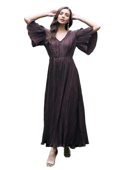 Athena Lifestyle Women and Girls Polyester Regular Fit and Flare V-Neck Solid Print Maxi Short Sleeve Brown Casual Dress Athena Lifestyle Women and Girls Polyester Regular Fit and Flare V-Neck Solid Print Maxi Short Sleeve Brown Casual Dress