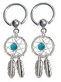 Pair of Cool!! Aqua Dream Catcher Dangle Surgical Steel Captive Bead Ring Lip, Belly, Nipple, Cartilage, Tragus, Earring Body Jewelry Piercing Hoop - 14 Gauge, 3/8' (10mm) 14g