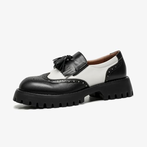 Image of BEAU TODAY Chunky Loafers for Women, Women's Leather Platform Loafers, Lug Sole Tassel Slip On Loafers Shoes Brogues Wingtip Casual Business Shoes Comfortable Dressy