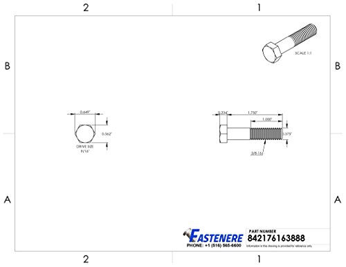 Image of 3 /8-16 x 1-3 /4 inch Hex Head Cap Screw Bolts, External Hex Drive, Stainless Steel 304, Partially Threaded, Stainless Steel, Quantity 10