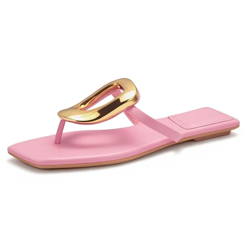 Image of PARTY Square Toe Flip Flops Women,Fashion Designer Thong Sandals with Gold Buckle Trendy Summer Comfort Flat Sandals