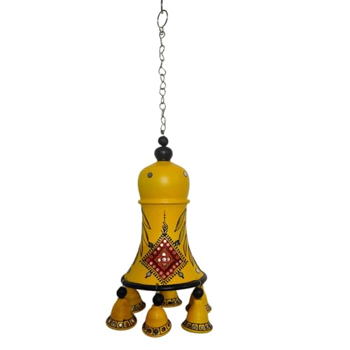 Terracot Decorative Hanging Bell(Yellow), with 6 Small Bells Traditional Clay Wind Chime|,Traditional Design, Spiritual and Festival Decor 22 x 6 inches (Yellow)