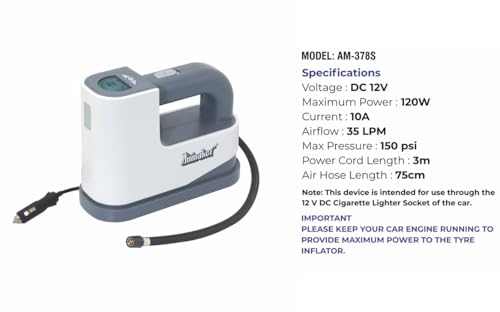 Image of Airmaker AIRMAKER AM378S Neo Digital Heavy Duty Tyre Inflator Air Pump, 12V DC, 35 Liters Per Minute, White, Gray