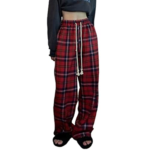MOLERFO Plaid Pants for Women Goth Pants Alt Pants Baggy Pants for Women Alt Clothing Alternative Clothing (Red,Small)